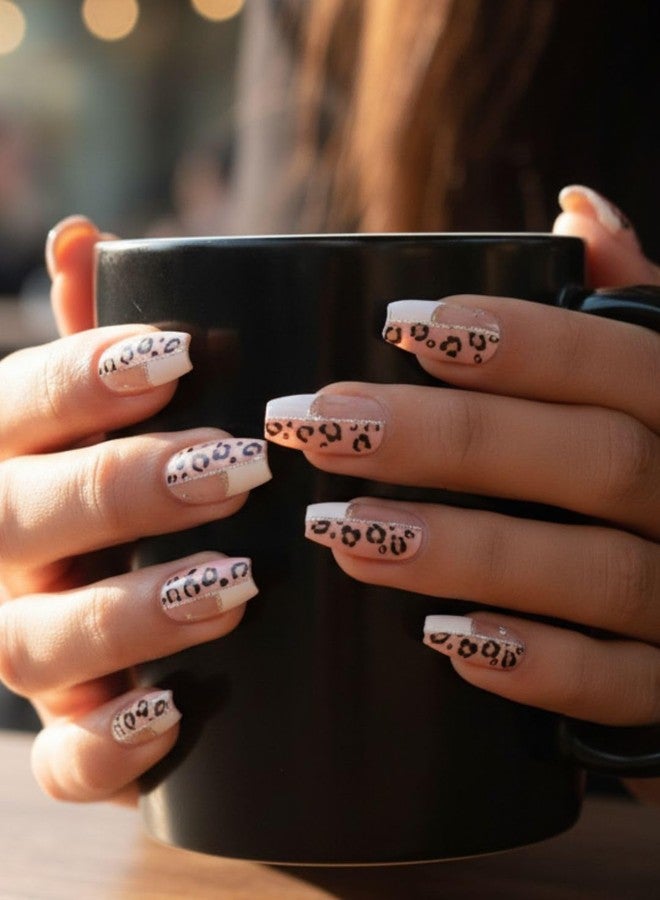 ليك - أظافر لاصقة، 28 قطعة، طقم تمديد أظافر صناعية قابلة لإعادة الاستخدام، طقم فن الأظافر، مجموعة أظافر صناعية/اصطناعية، نصف نقشة جلد النمر، باليرينا (عبوة من 28 قطعة) - Image 1