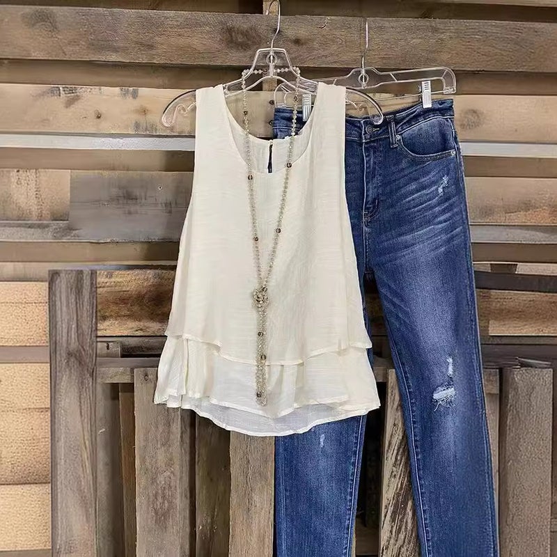 2022 Spring Summer Double-Layer Cotton Linen Vest White  - Image 4