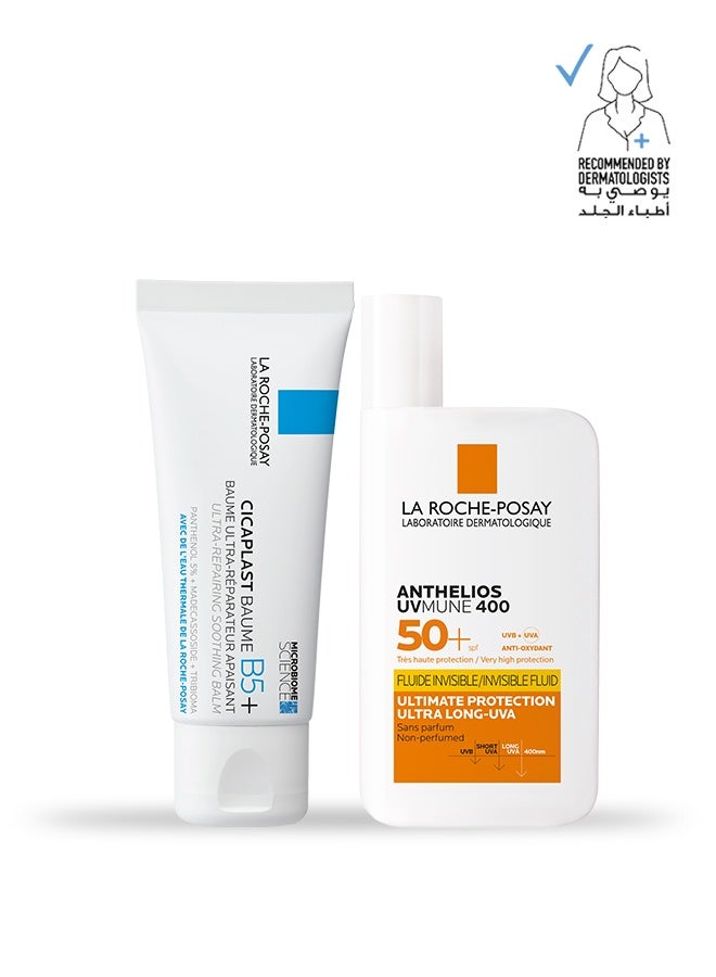 LA ROCHE-POSAY أنتيليوس UVMune400 50+ سائل غير مرئي 50 مل + بلسم سيكابلاست باوم B5+ مرمم مهدئ فائق 40 مل - Image 1