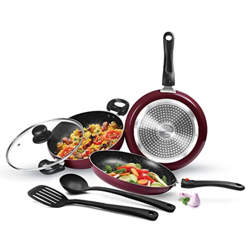MILTON Cookware Set of 6 - Fry Pan 24 cm 1.6 L Kadhai with Glass Lid (24 cm 2.5 L) Tawa (25 cm) Nylon Ladle and Spatula Induction and Flame Safe Dishwasher Compatible - Kitchen Jewel - Peach - Image 2
