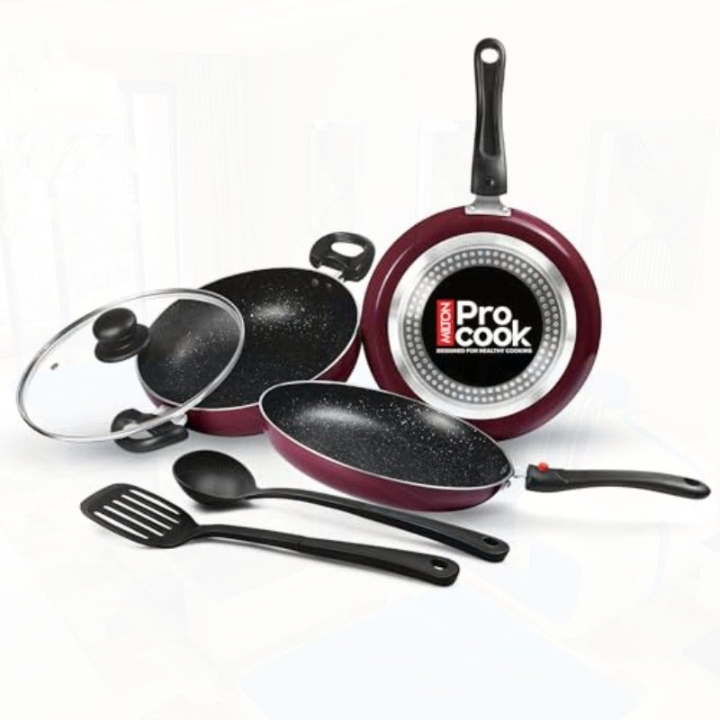 MILTON Cookware Set of 6 - Fry Pan 24 cm 1.6 L Kadhai with Glass Lid (24 cm 2.5 L) Tawa (25 cm) Nylon Ladle and Spatula Induction and Flame Safe Dishwasher Compatible - Kitchen Jewel - Peach - Image 1