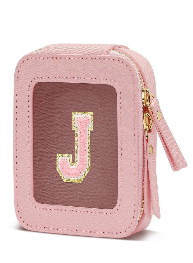 CLOUDWINGS Initial Travel Toiletry Bag - Cosmetic Bags for Women with Zipper, Clear & Potable Makeup Bag for Travel, Small Cosmetic Pouch Perfect Gifts for Graduation (Pink, J) - Image 1