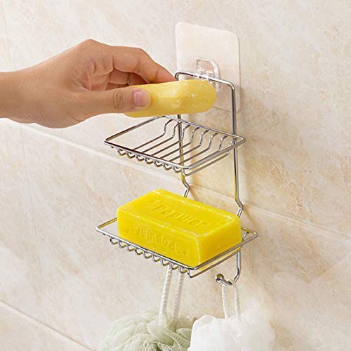 AC ENTERPRISE Adhesive Soap Dish Tray | Stainless Steel Shower Soap Holder Sponge Box for Bathroom Wall,Kitchen,Tile Mounted | 2 Layer Soap Dish with 2 Hanging Hook - Image 4
