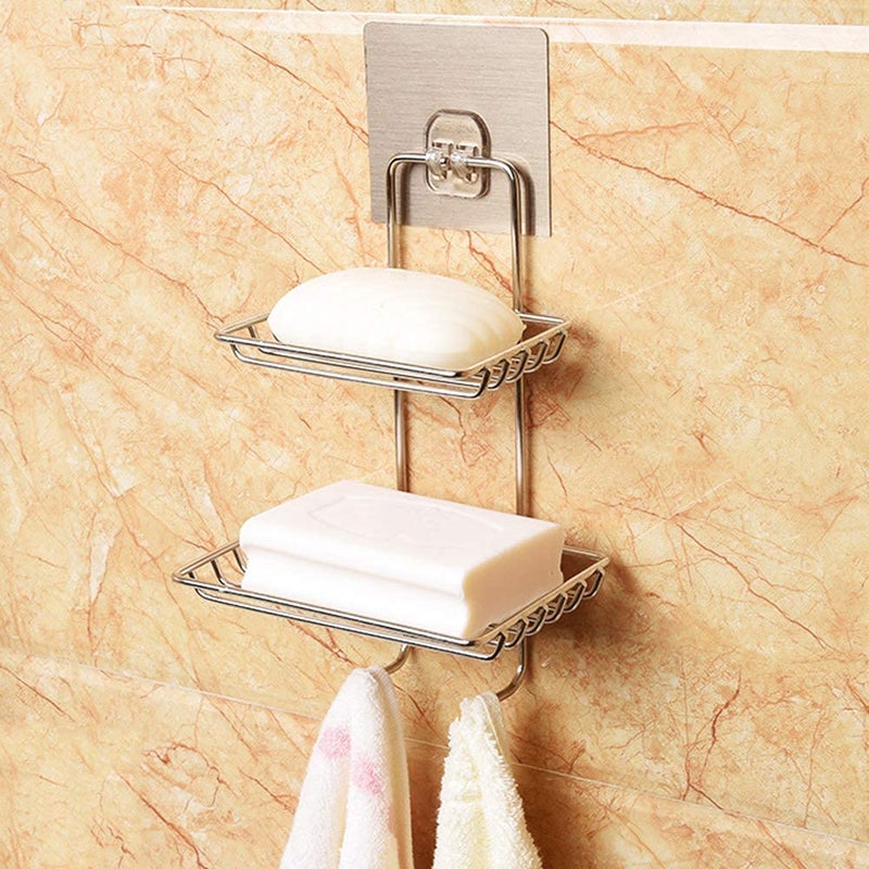 AC ENTERPRISE Adhesive Soap Dish Tray | Stainless Steel Shower Soap Holder Sponge Box for Bathroom Wall,Kitchen,Tile Mounted | 2 Layer Soap Dish with 2 Hanging Hook - Image 2