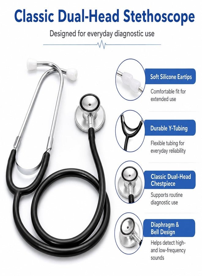 Novamedic NM-9288-BK Classic Black Dual Head Stethoscope, 22-Inch Adult Size Medical Stethoscope for Nurses, Doctors, EMTs, Nursing Students, Clinics, Nursing Homes, Cardiology & General Diagnostic Use - Image 2