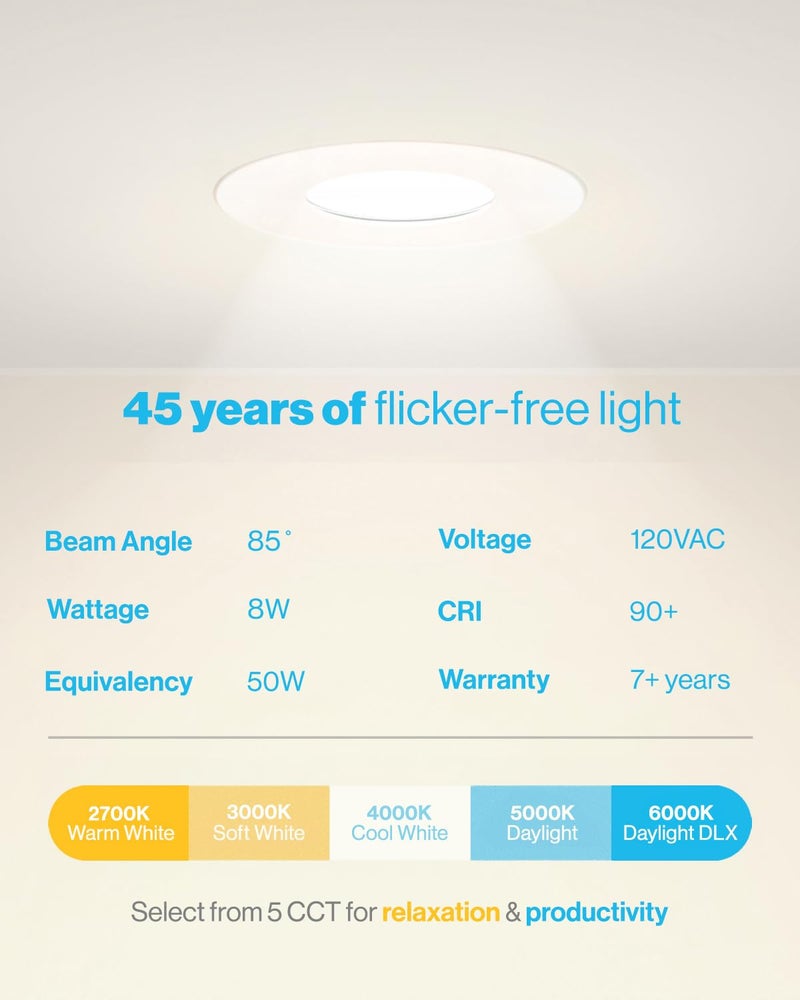 Sunco Lighting Sunco 6 Pack 3 Inch Recessed LED Lights, Ultra Thin Ceiling Lighting, 500 LM, 8W (50W Equivalent), Selectable 2700K/3000K/4000K/5000K/6000K, Dimmable, Wafer Thin, Canless with Junction Box - Image 5