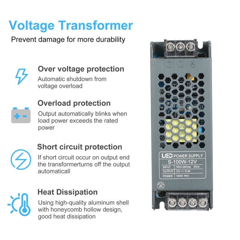 محول طاقة محول سلسلة ضوئية LED رفيع جدًا، من AC190 فولت إلى 240 فولت إلى DC12 فولت 8.3 أمبير 100 واط، محول تبديل طاقة لاستخدام داخلي - Image 4