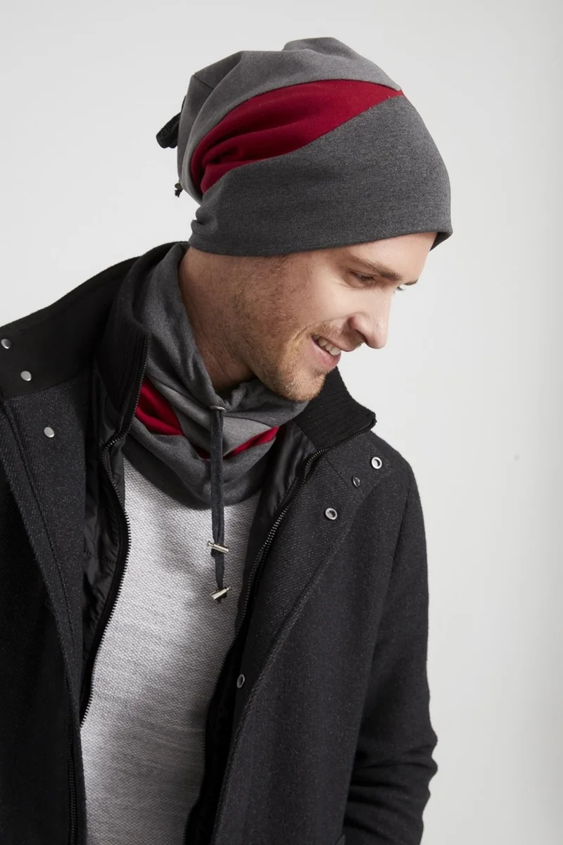Butikgiz Men's Young New Season Red Gray Piece String Hat Beanie Neck Collar Suit SportsComfortable Cotton Thermal