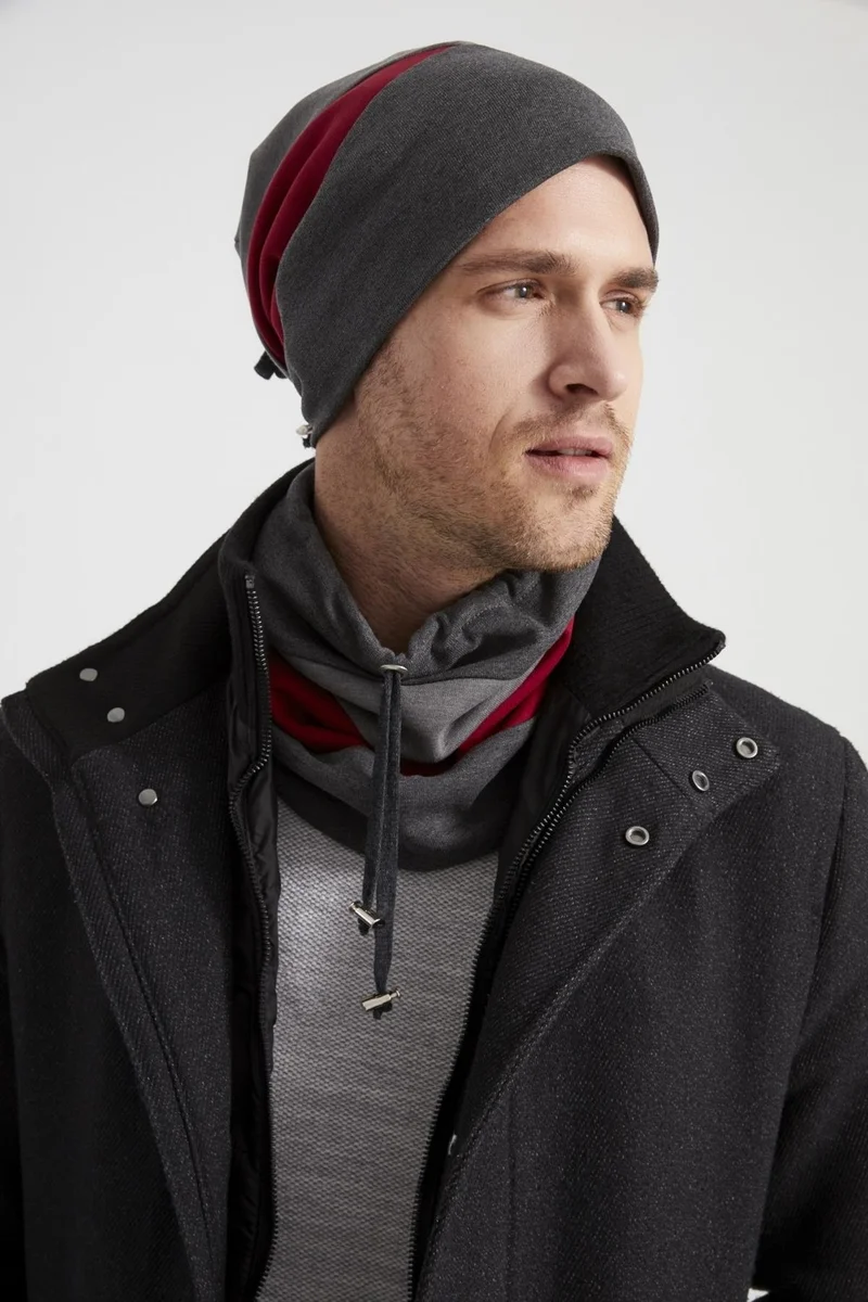 Butikgiz Men's Young New Season Red Gray Piece String Hat Beanie Neck Collar Suit SportsComfortable Cotton Thermal