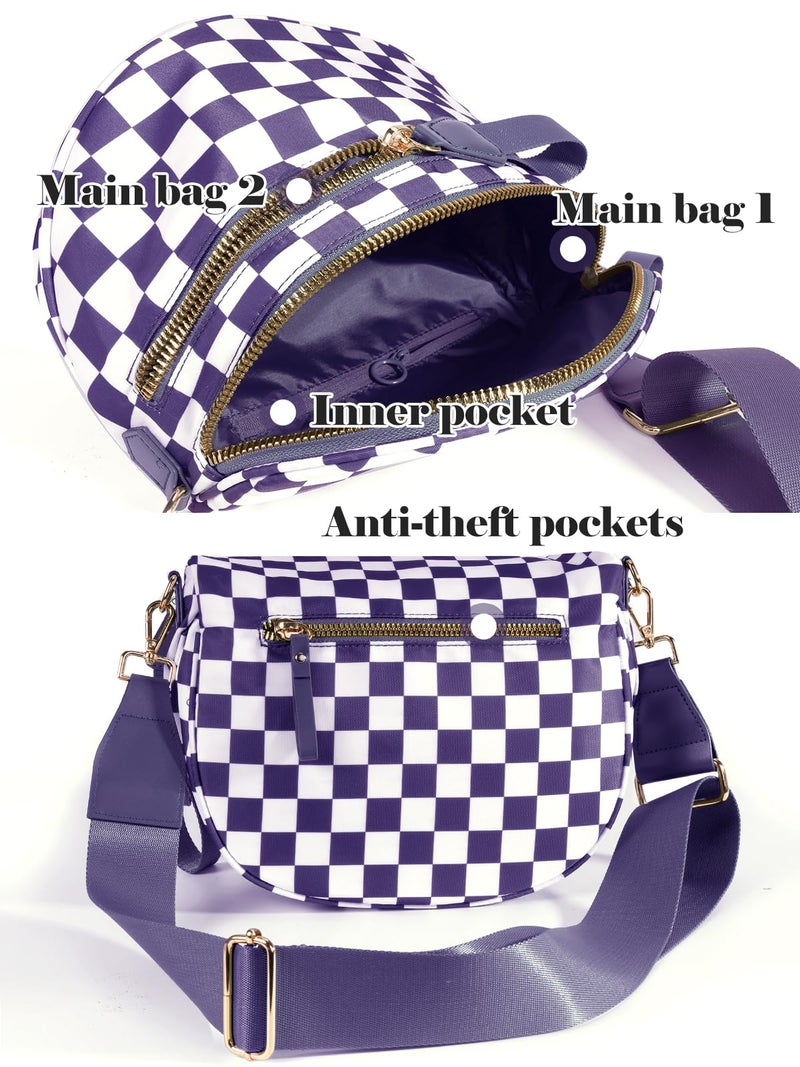 MEISEY Black and White Checkered Crossbody Bum Bag for Women,Spacious Checkered Purse Fanny Packs Belt Sling Bag with Shoulder Strap (Cloudy Violet Checkered) - Image 3