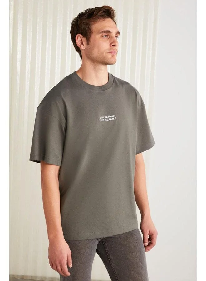 GRIMELANGE Vıto Men's 100% Organic Cotton Embroidered Letter Detailed Oversized Loose Fit Short Sleeve Grey T-shirt.