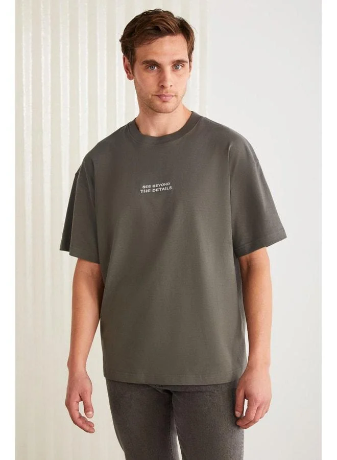 GRIMELANGE Vıto Men's 100% Organic Cotton Embroidered Letter Detailed Oversized Loose Fit Short Sleeve Grey T-shirt.