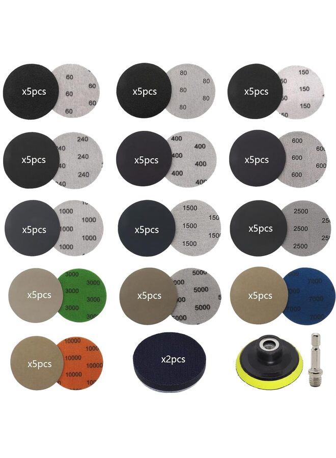69pcs Sandpaper 3Inch Sanding Disc 60-10000 Grit Wet Dry Sandpaper with M10 Backing Pad,2pcs Interface Pad for Wood Metal Mirror Jewelry Car Polishing Headlight Cleaner Set - Image 2