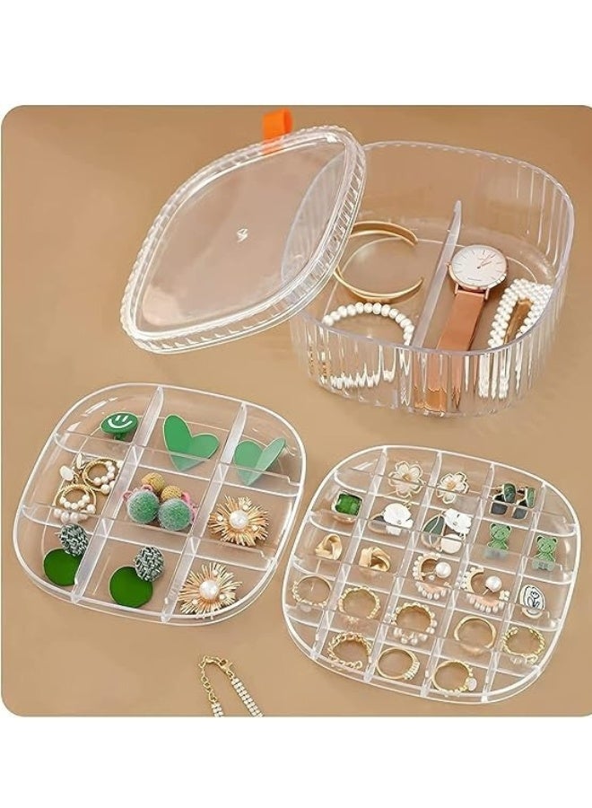 صندوق مجوهرات أكريليك منظم للأقراط مربع بثلاث طبقات مع غطاء، صندوق مجوهرات قابل للتكديس حامل عرض مجوهرات للأقراط والقلائد والخواتم - شفاف - Image 1