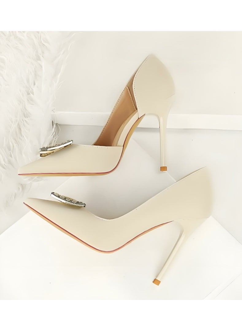 بيج تري المضخات النسائية مغلقة أشارت إصبع القدم الكعب العالي الحزب فستان الأحذية كريم أبيض 10CM - Image 3