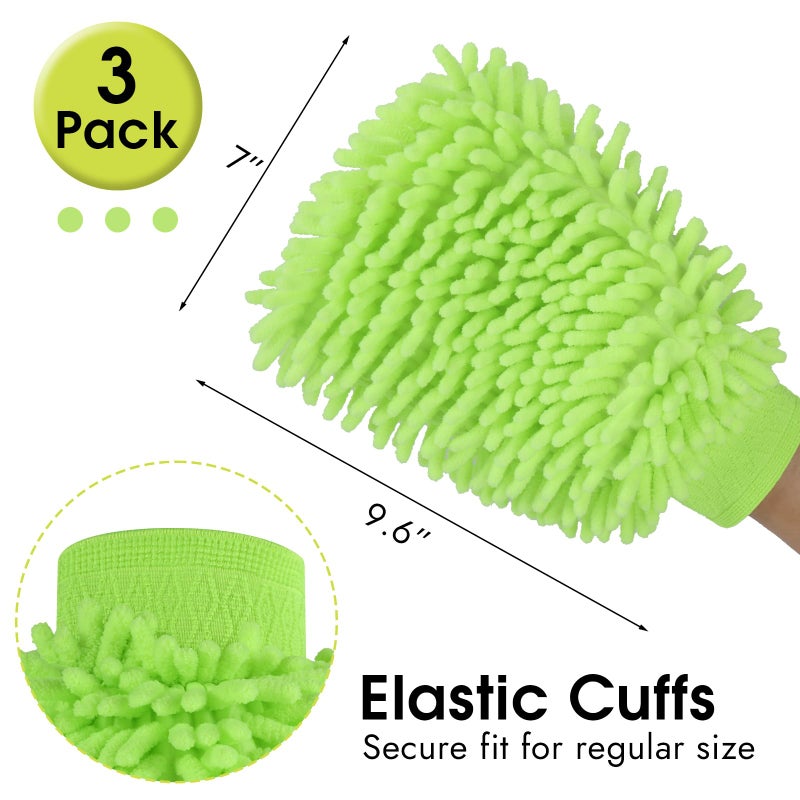 Mkobon 3 Pack Chenille Microfiber Car Wash Mitt, 7" x 9.6" Car Washing Mitts, Home Dusting Gloves, Scratch Free Lint-Free, Highly Absorbent, Double Sided, for Cleaning Detailing Polish (Green) - Image 2