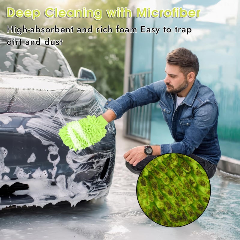 Mkobon 3 Pack Chenille Microfiber Car Wash Mitt, 7" x 9.6" Car Washing Mitts, Home Dusting Gloves, Scratch Free Lint-Free, Highly Absorbent, Double Sided, for Cleaning Detailing Polish (Green) - Image 4