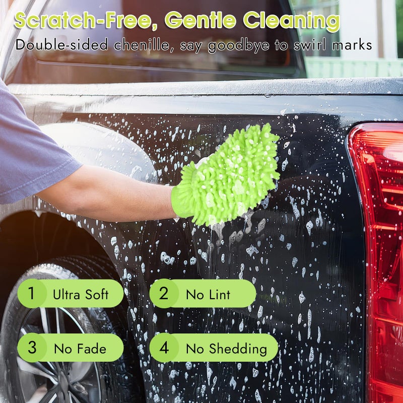 Mkobon 3 Pack Chenille Microfiber Car Wash Mitt, 7" x 9.6" Car Washing Mitts, Home Dusting Gloves, Scratch Free Lint-Free, Highly Absorbent, Double Sided, for Cleaning Detailing Polish (Green) - Image 5
