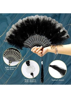 Unewshi Feather Hand Fan, Black Foldable Feather Fan Handheld for Party Wedding Dancing Decoration  - Image 4