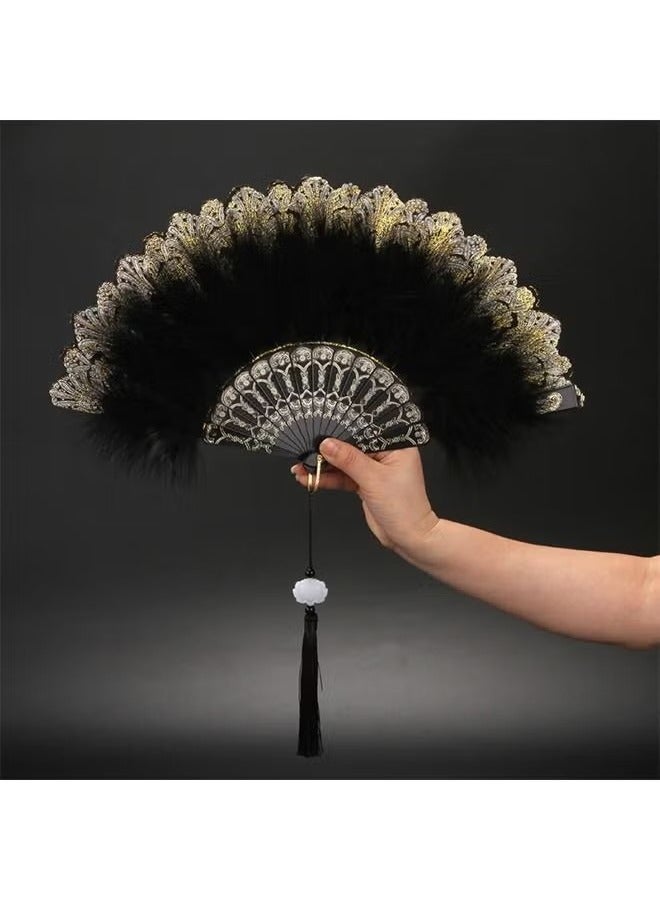 أخبار مروحة اليد ريشة ، مروحة ريشة سوداء قابلة للطي محمولة لزينة الرقص الزفاف للحفلات - Image 2