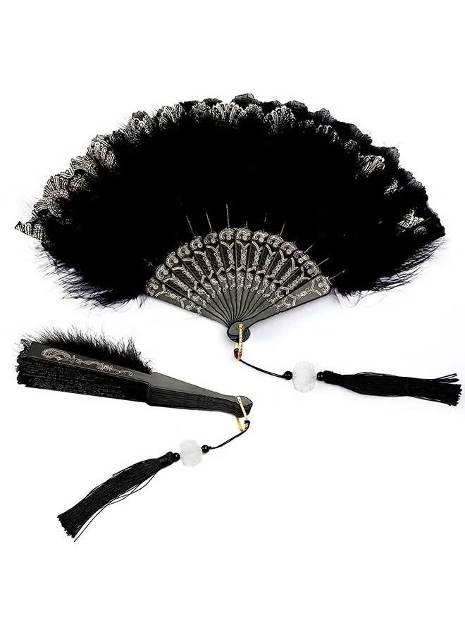 أخبار مروحة اليد ريشة ، مروحة ريشة سوداء قابلة للطي محمولة لزينة الرقص الزفاف للحفلات - Image 1
