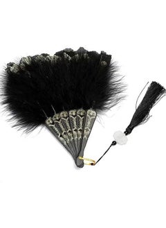 Unewshi Feather Hand Fan, Black Foldable Feather Fan Handheld for Party Wedding Dancing Decoration  - Image 3