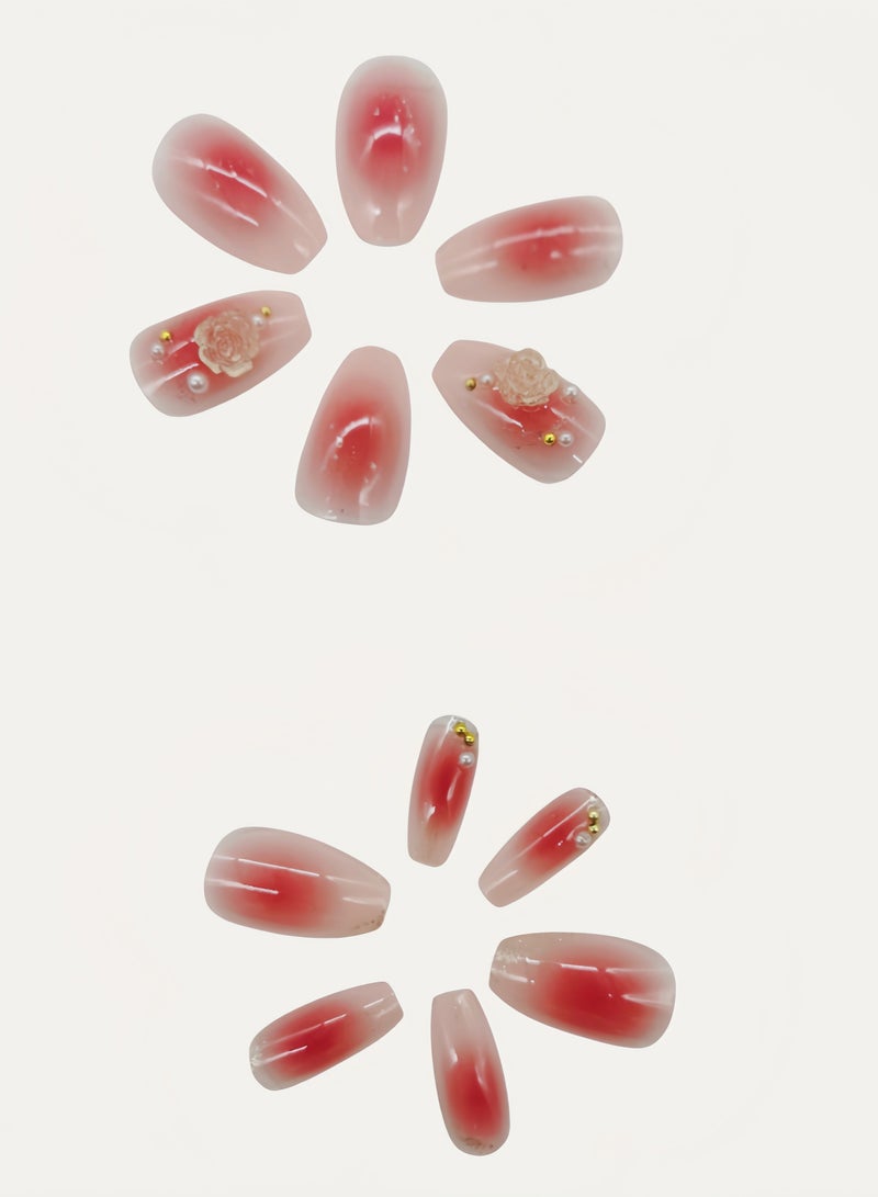 Press-on Nails 24 Pieces: Simple & Classy Artificial Nails, Pink-to-Nude Ombre with Crystal Flowers - Instagram Style. Safe Removal at Home + Glue Kit Included. - Image 1