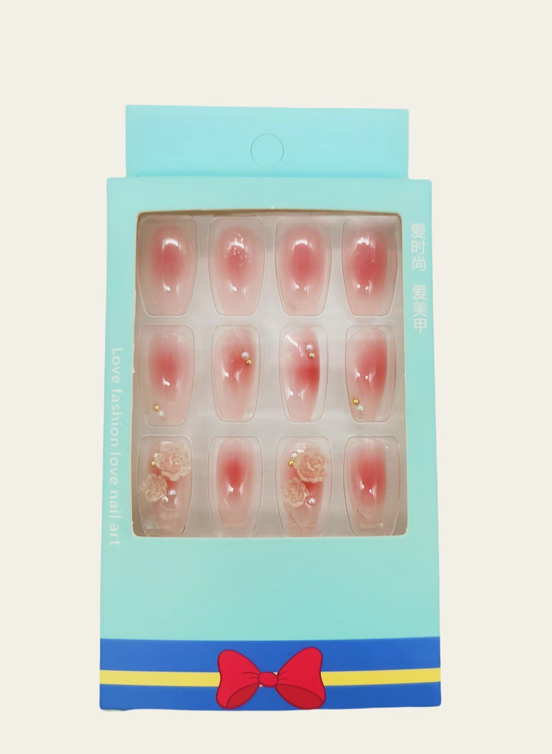 Press-on Nails 24 Pieces: Simple & Classy Artificial Nails, Pink-to-Nude Ombre with Crystal Flowers - Instagram Style. Safe Removal at Home + Glue Kit Included. - Image 2
