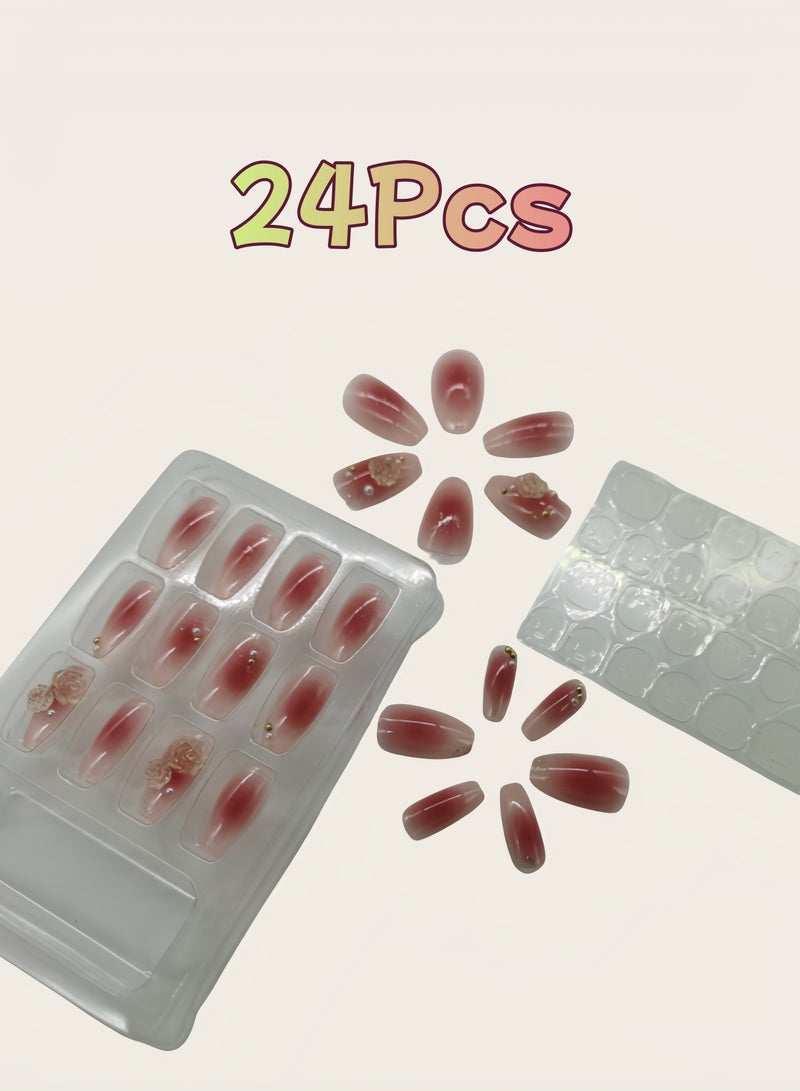 Press-on Nails 24 Pieces: Simple & Classy Artificial Nails, Pink-to-Nude Ombre with Crystal Flowers - Instagram Style. Safe Removal at Home + Glue Kit Included. - Image 3