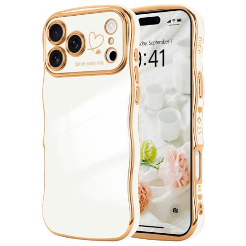 LCHULLE for iPhone 17 Pro Max Case for Women Girls, Cute Wave Frame Curly Shape with Love Heart Pattern Raised Camera Protection Cover Luxury Plating Shockproof Phone Case for iPhone 17 Pro Max, White - Image 1