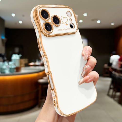 LCHULLE for iPhone 17 Pro Max Case for Women Girls, Cute Wave Frame Curly Shape with Love Heart Pattern Raised Camera Protection Cover Luxury Plating Shockproof Phone Case for iPhone 17 Pro Max, White - Image 2