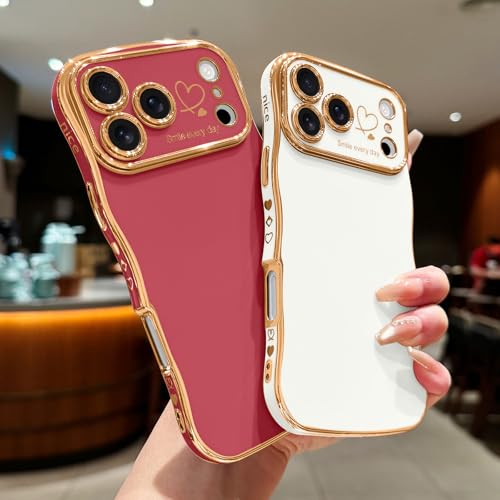 LCHULLE for iPhone 17 Pro Max Case for Women Girls, Cute Wave Frame Curly Shape with Love Heart Pattern Raised Camera Protection Cover Luxury Plating Shockproof Phone Case for iPhone 17 Pro Max, White - Image 5