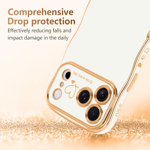 LCHULLE for iPhone 17 Pro Max Case for Women Girls, Cute Wave Frame Curly Shape with Love Heart Pattern Raised Camera Protection Cover Luxury Plating Shockproof Phone Case for iPhone 17 Pro Max, White - Image 3