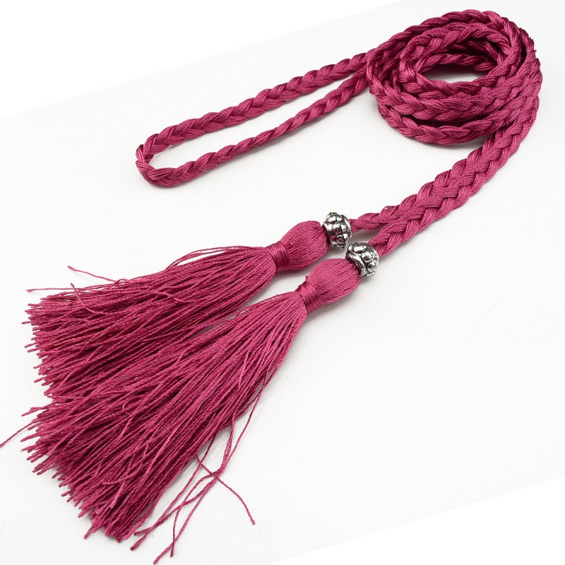 Braided Tassel Belt Ladies Skinny Butterfly Knot Rose Red 