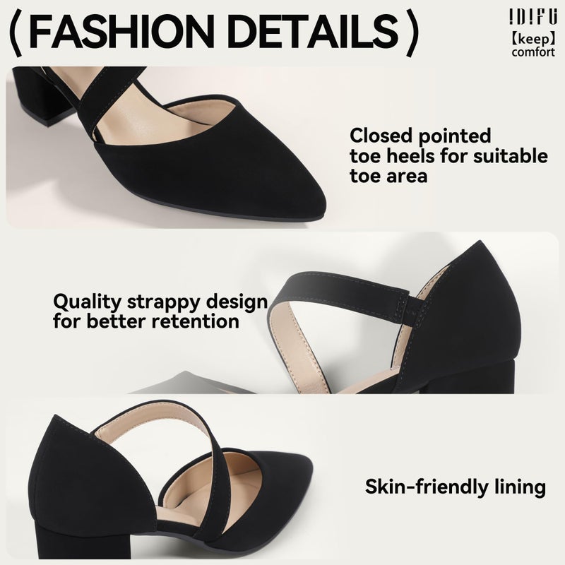 IDIFU Black Women's Pumps Closed Toe Strappy Heels Low Block Chunky Heels Dressy Wedding Bride Prom Office Business Dress Shoes for Women Comfortable Formal Pointed Toe Short Heels(Black Nubuck,7.5) - Image 5