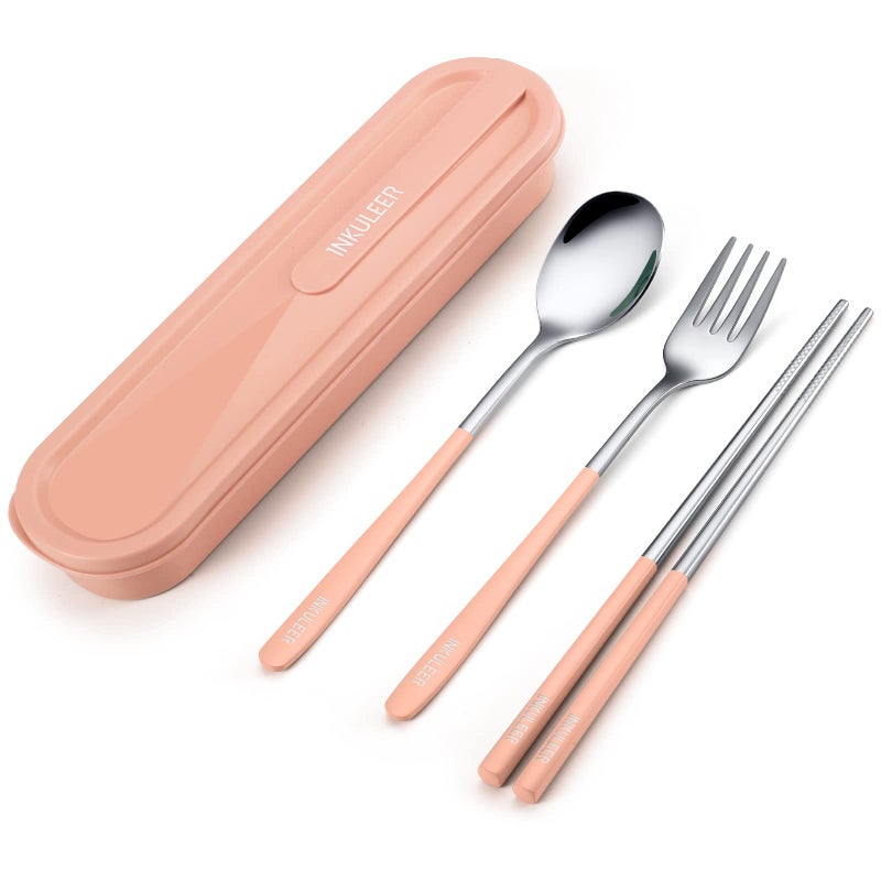 INKULEER Travel cutlery set 188 stainless steel cutlery Reusable utensils set with case Portable Silverware Lunch Box for Camping and OfficePink