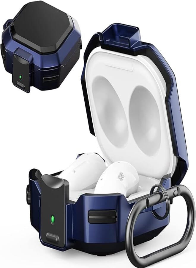 Armor Case Cover for Samsung Galaxy Buds Pro, Galaxy Buds Live, Galaxy Buds 2 Case Cover with Security Lock, Hard Rugged PC Shockproof Case Cover with Keychain/Straps (Blue)