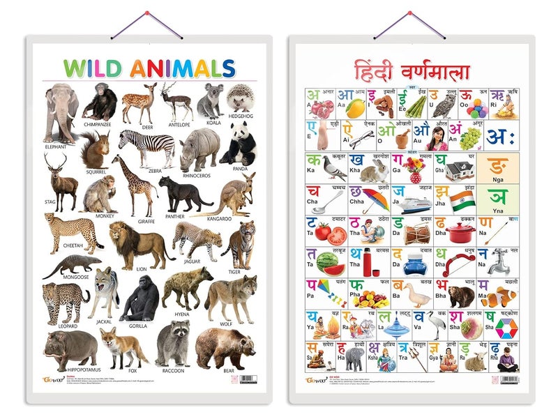 GoWoo Set of 2 Wild Animals and Hindi Varnamala Early Learning Educational Charts for Kids | 20"X30" inch |Non-Tearable and Waterproof | Double Sided Laminated | Perfect for Homeschooling, Kindergarten and Nursery Students - Image 1