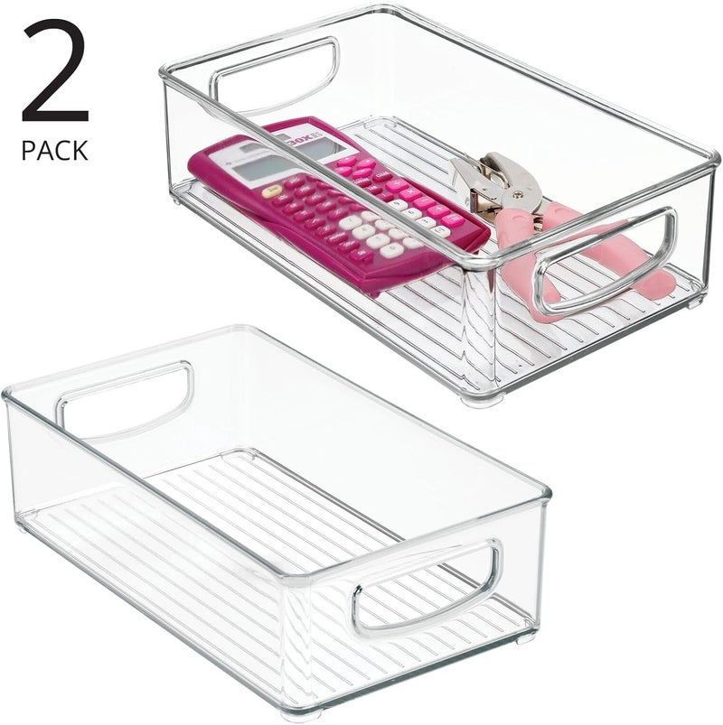 m-design Small Plastic Office Storage Container Bins w/Handles for Organization in Filing Cabinet, Closet Shelf, Desk Drawers, Organizer for Notes, Pens, Pencils - Ligne Collection, 2 Pack - Clear - Image 1