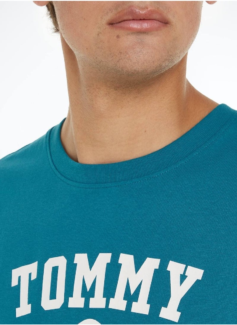 TOMMY JEANS - Men's Oversize Crest Varsity T-Shirt - Cotton, Cyan - Image 1