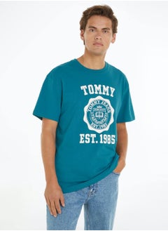 Men's Oversize Crest Varsity T-Shirt - Cotton, Cyan