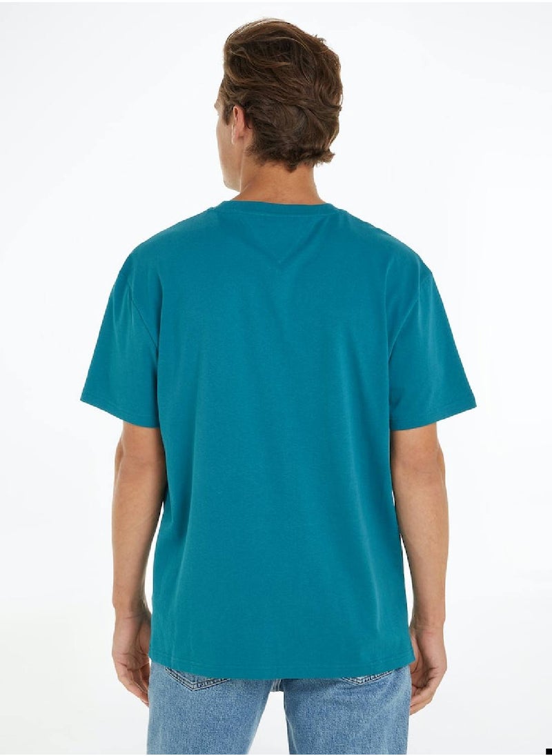 TOMMY JEANS - Men's Oversize Crest Varsity T-Shirt - Cotton, Cyan - Image 1