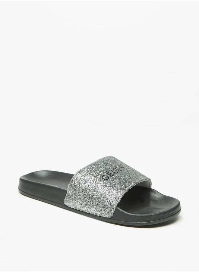 سيليست Womens Glitter Print Slip-On Slides