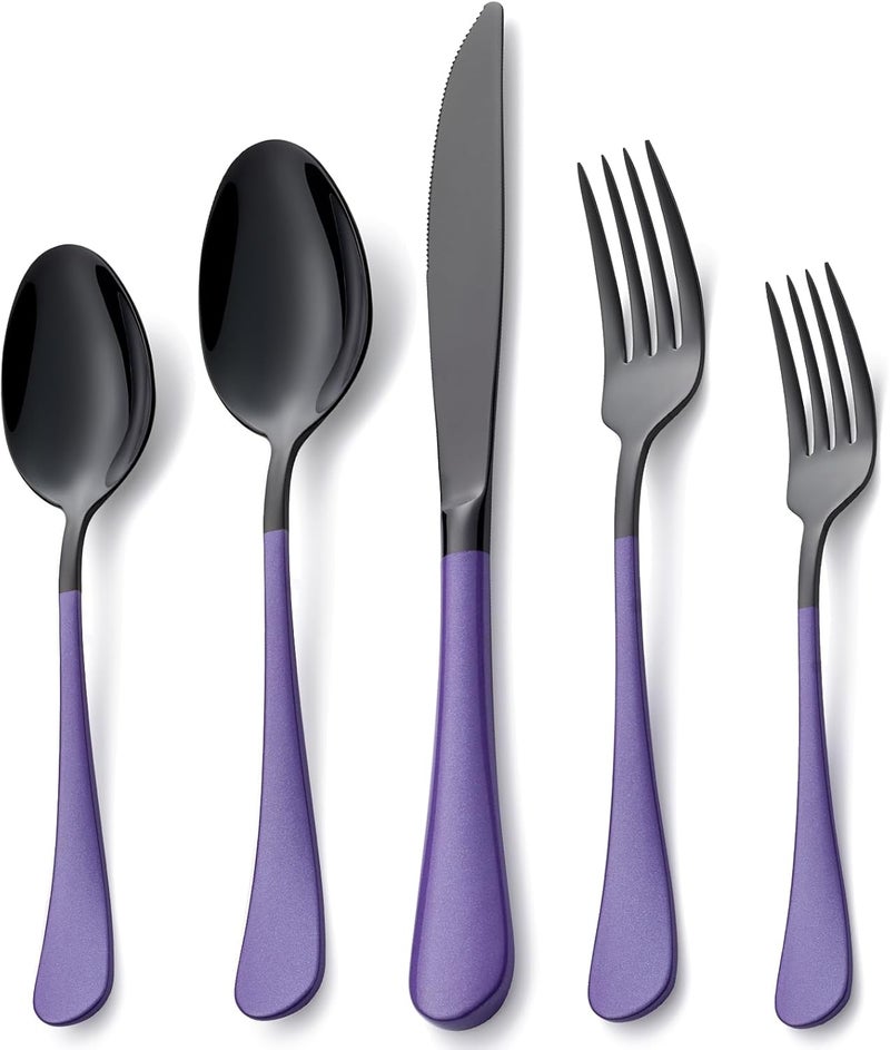 Lekoton 20 Piece Black and Purple 180 Flatware Utensil Set for 4 Include Dinner KnifeDinner ForksDinner SpoonsSalad ForksTeaspoonsSilverware Set for 4 Dishwasher Safe - Image 1
