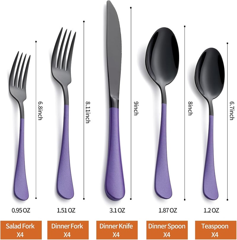 Lekoton 20 Piece Black and Purple 180 Flatware Utensil Set for 4 Include Dinner KnifeDinner ForksDinner SpoonsSalad ForksTeaspoonsSilverware Set for 4 Dishwasher Safe - Image 2