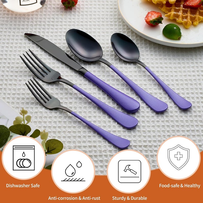 Lekoton 20 Piece Black and Purple 180 Flatware Utensil Set for 4 Include Dinner KnifeDinner ForksDinner SpoonsSalad ForksTeaspoonsSilverware Set for 4 Dishwasher Safe - Image 4