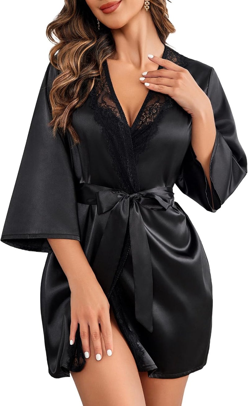 Avidlove Women's Short Satin Kimono Robe with Lace Detail - Image 1