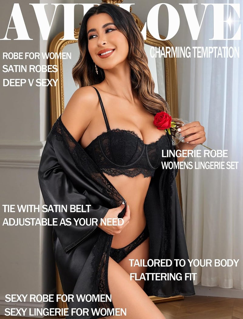 Avidlove Women's Short Satin Kimono Robe with Lace Detail - Image 3