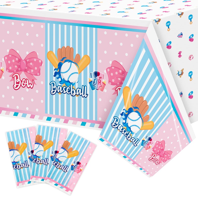 BkeeCten 3 Packs Baseball or Bow Baby Gender Reveal Tablecloth Blue and Pink Disposable Plastic Table Cover Sport Theme Baby Shower Birthday Party Favor Decor for Boys Girls 54x108 Inch