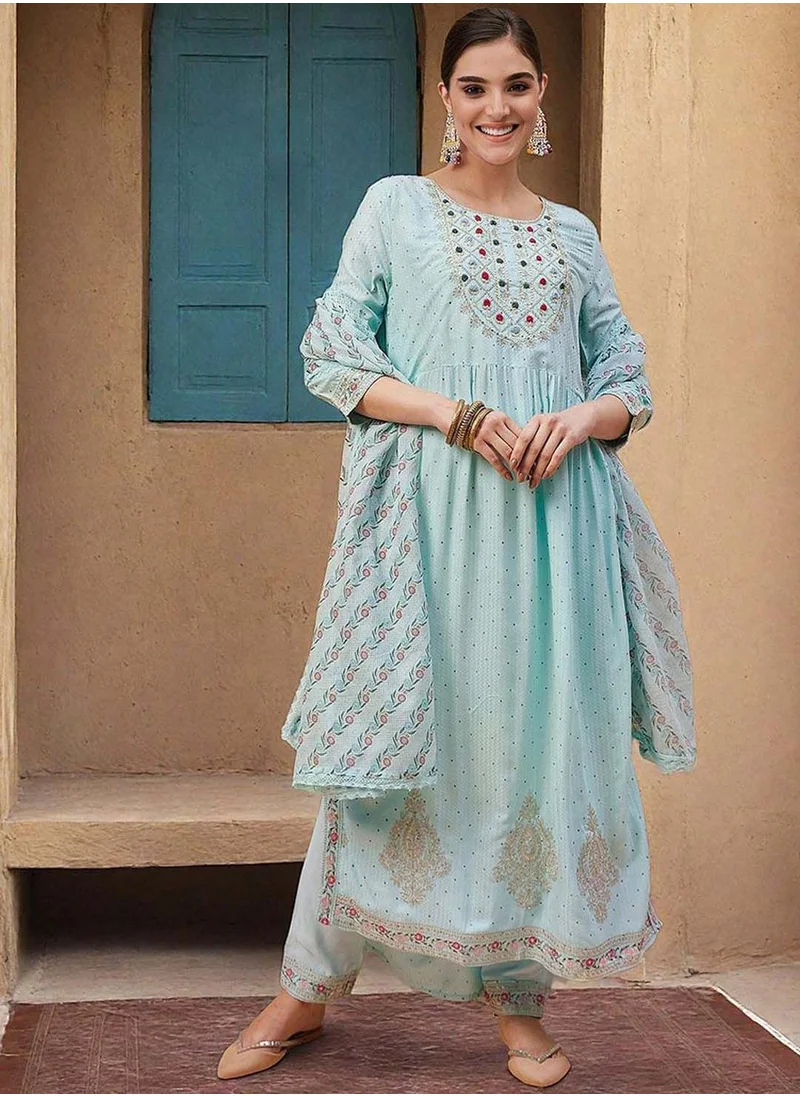 آي شين Women's Blue Rayon Printed Tunic Full Length Casual Straight Fit Kurta Set